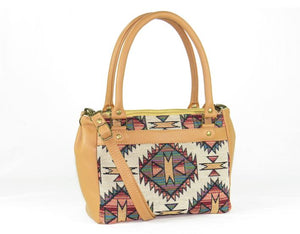 Aztec Tapestry and Leather Satchel Handbag