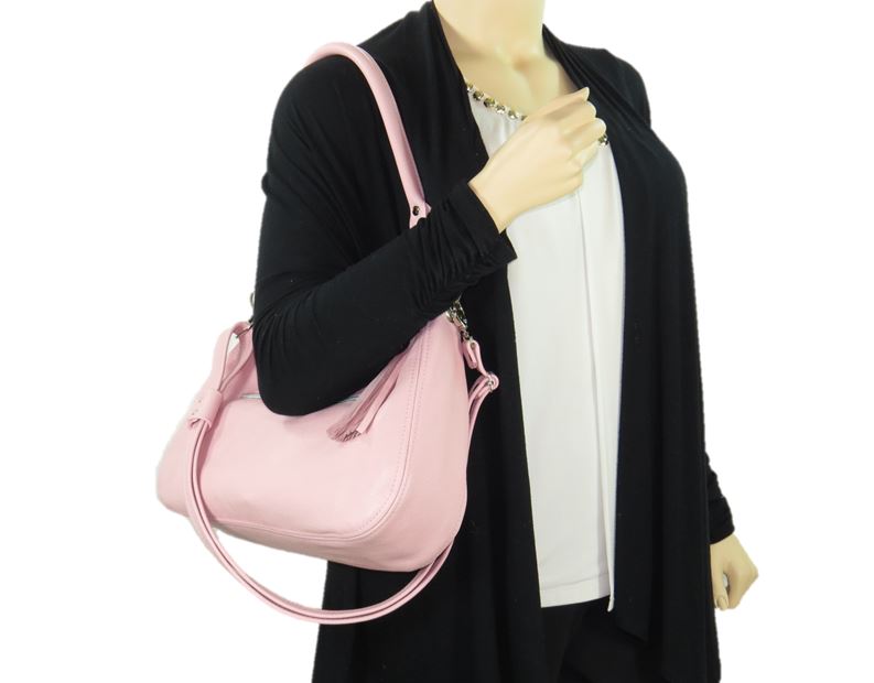 Baby Pink Leather Slouchy Hobo Handbag model view