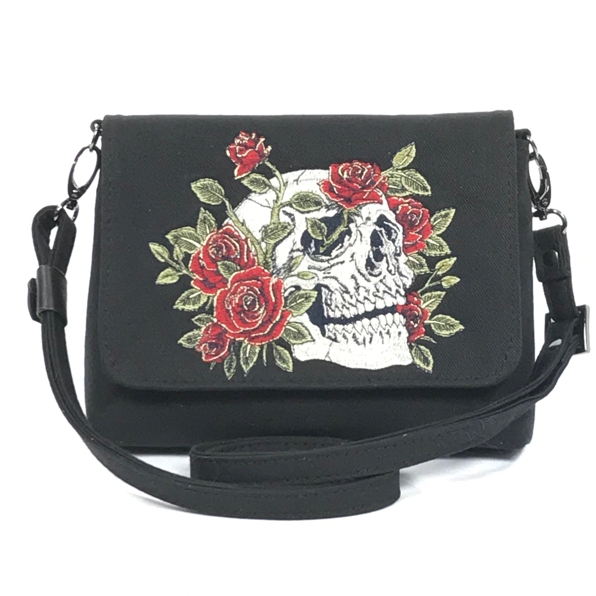 Black Denim Skull and Roses Mini Flap Bag