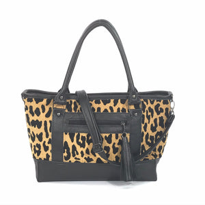 Black Leather and Leopard Chenille Tapestry Zipper Tote