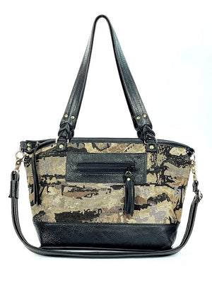 Black Leather and Tapestry Tote Handbag