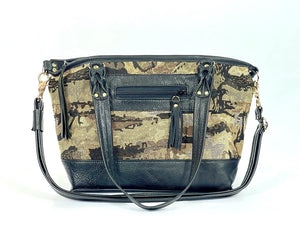 Black Leather and Tapestry Tote Handbag handles down view
