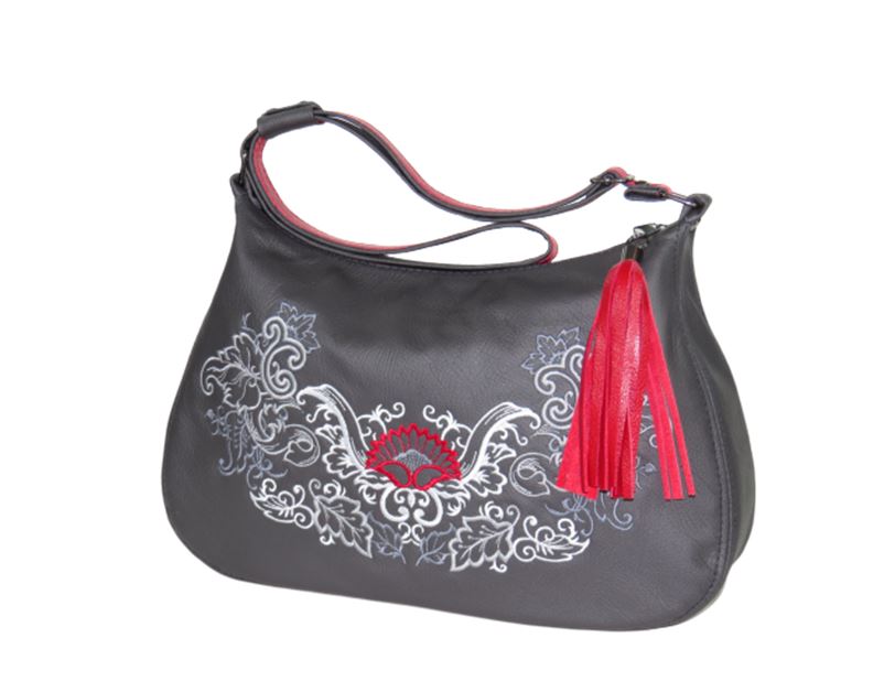 Black Leather Gothic Embroidered Classic Hobo Bag