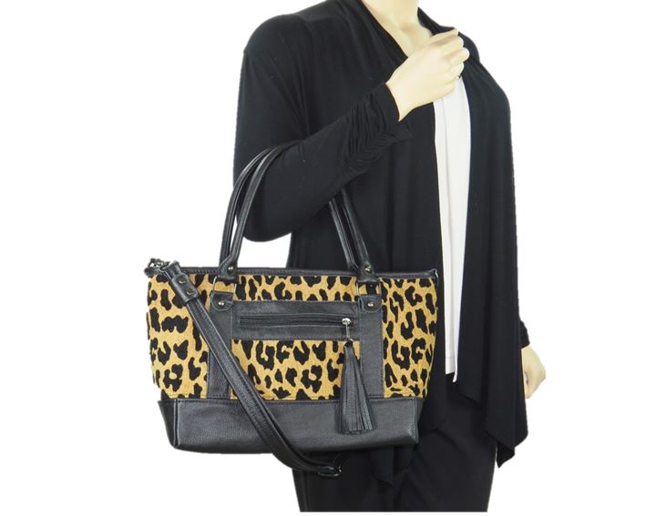 Black Leather and Leopard Chenille Tapestry Zipper Tote model view
