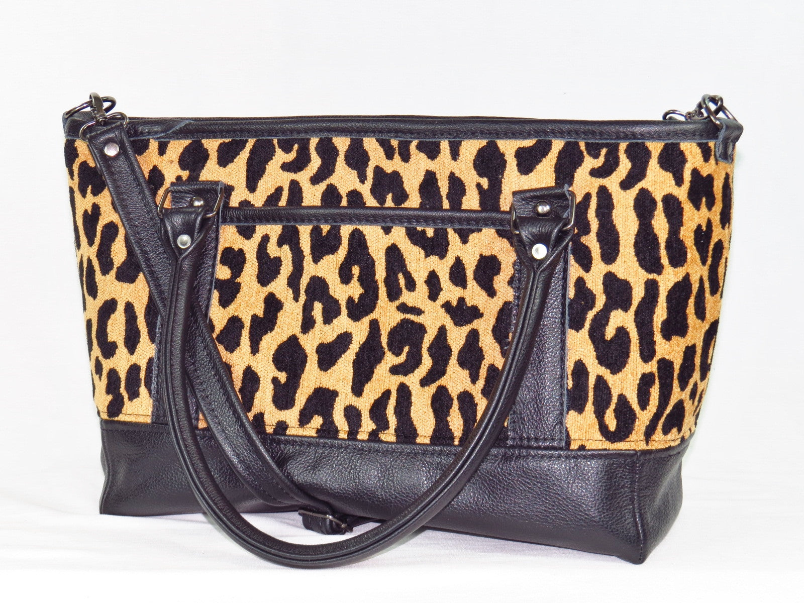 Black Leather and Leopard Chenille Tapestry Zipper Tote open pocket side