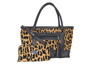 Black Leather and Leopard Chenille Tapestry Zipper Tote with companion wallet