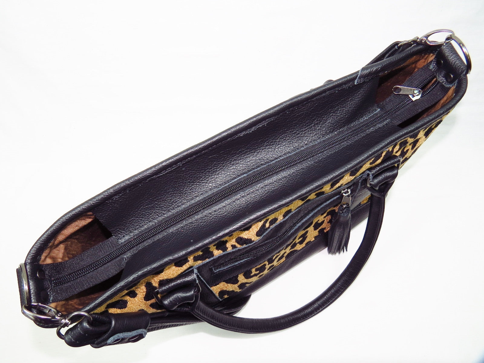 Black Leather and Leopard Chenille Tapestry Zipper Tote zipper closure