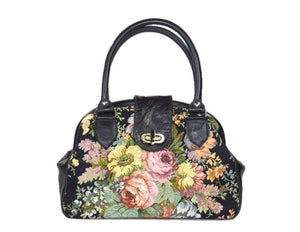 Black Leather and Rose Bouquet Tapestry Doctor Bag
