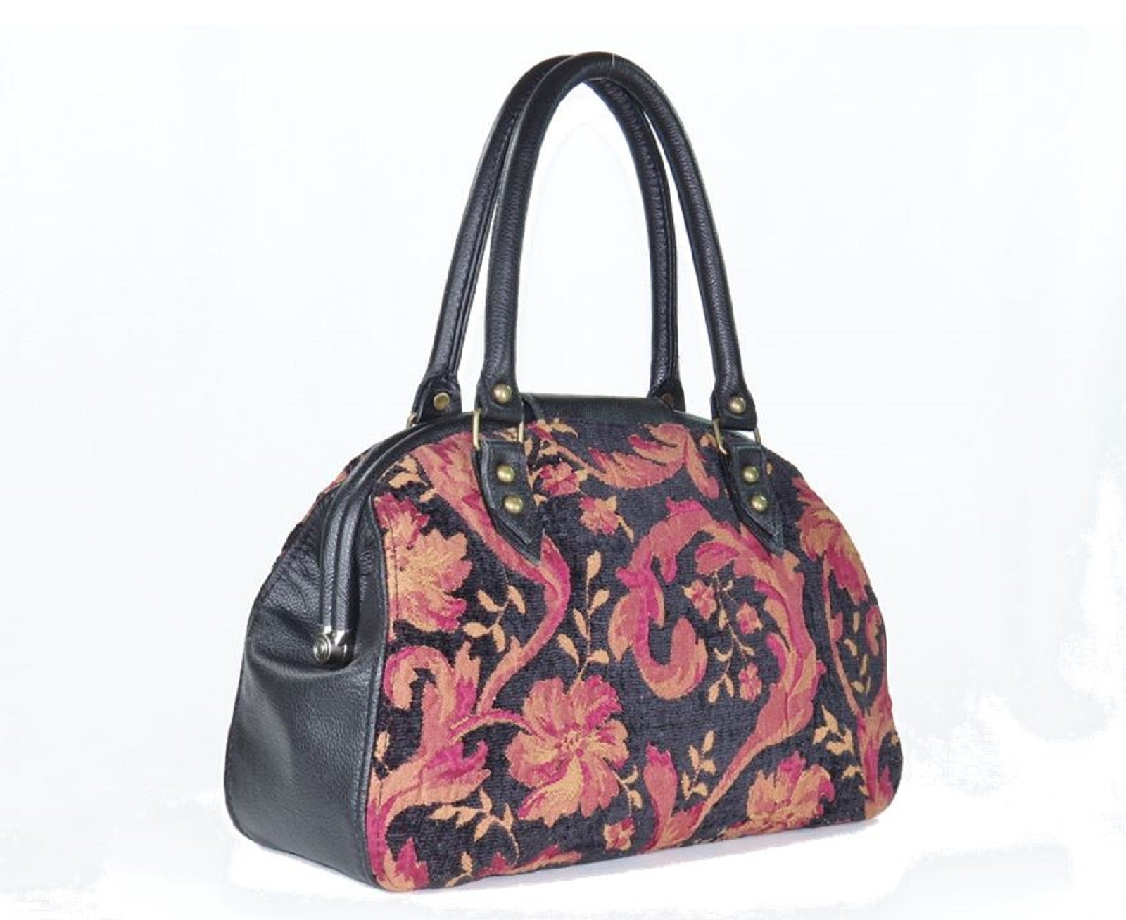 Black Leather and Tapestry Mary Poppins Doctor Bag back side
