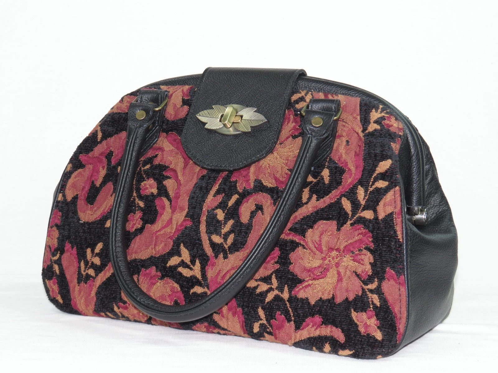 Black Leather and Tapestry Mary Poppins Doctor Bag handles down