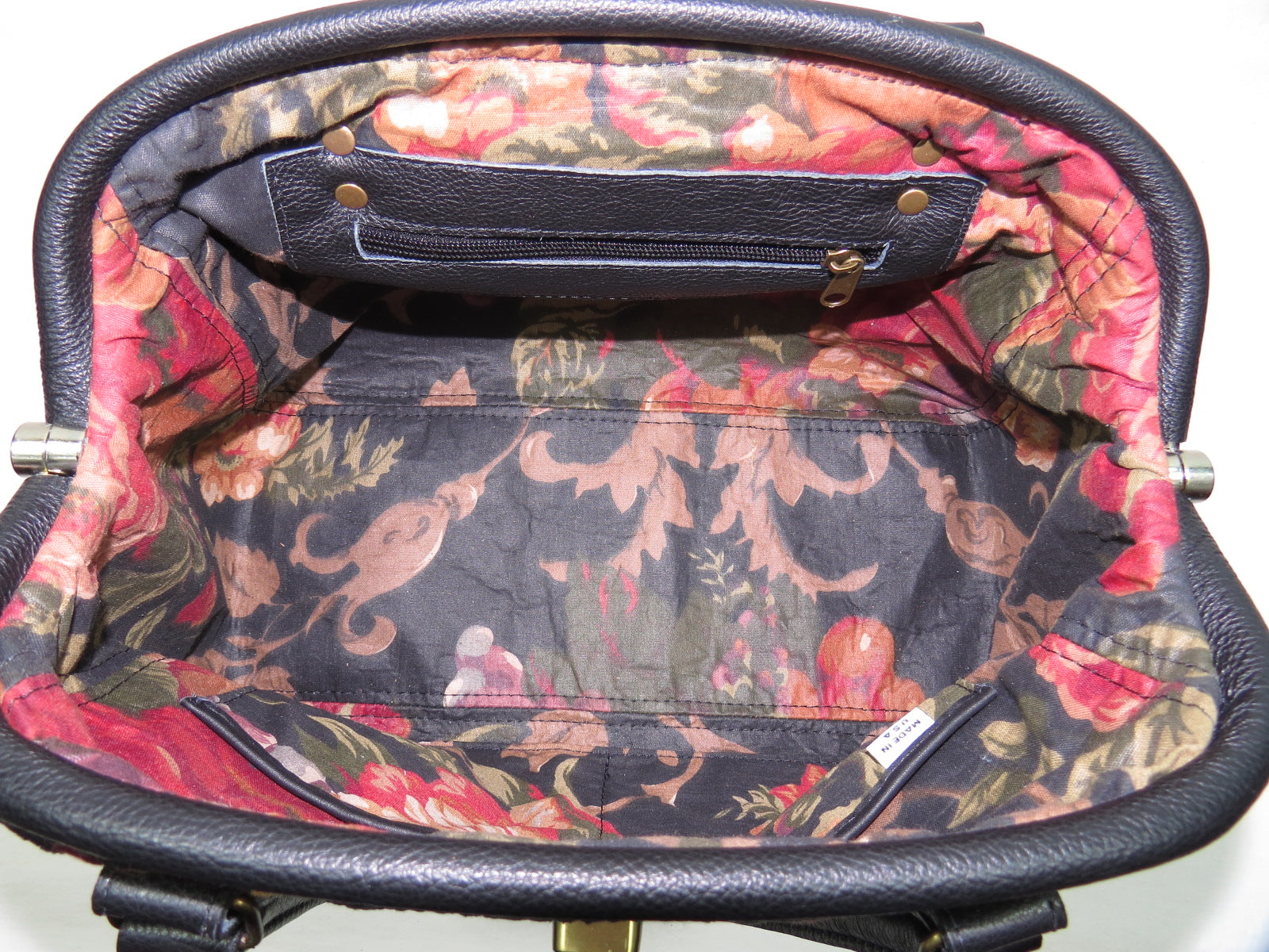 Black Leather and Tapestry Mary Poppins Doctor Bag interior zipper pocket