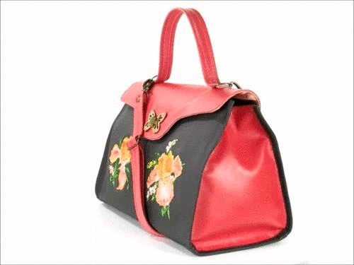 Black and Coral Embroidered Irises Leather Pocketbook Purse