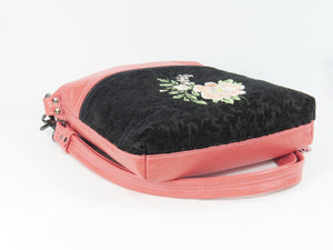 Black and Coral Leather Cross Body Bag Asian Floral Embroidery bottom view