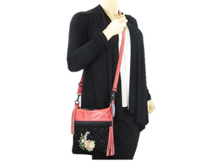 Black and Coral Leather Crossbody Bag Asian Floral Embroidery model view