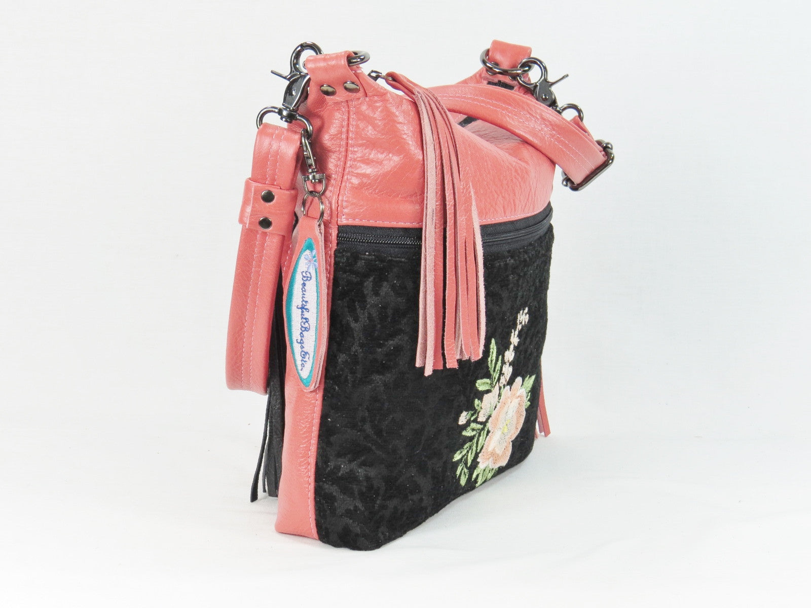 Black and Coral Leather Cross Body Bag Asian Floral Embroidery top zipper closure