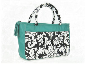 Black and White Acanthus Print and Genuine Leather Tote