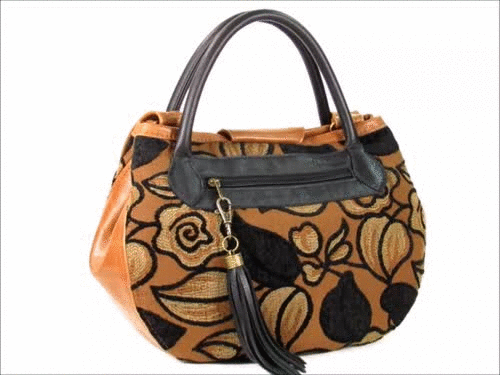 Black on Brown Leather and Tapestry Leaf Satchel