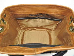 Black on Brown Leather and Tapestry Leaf Satchel interior pockets