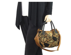 Black on Brown Leather and Tapestry Leaf Satchel model view