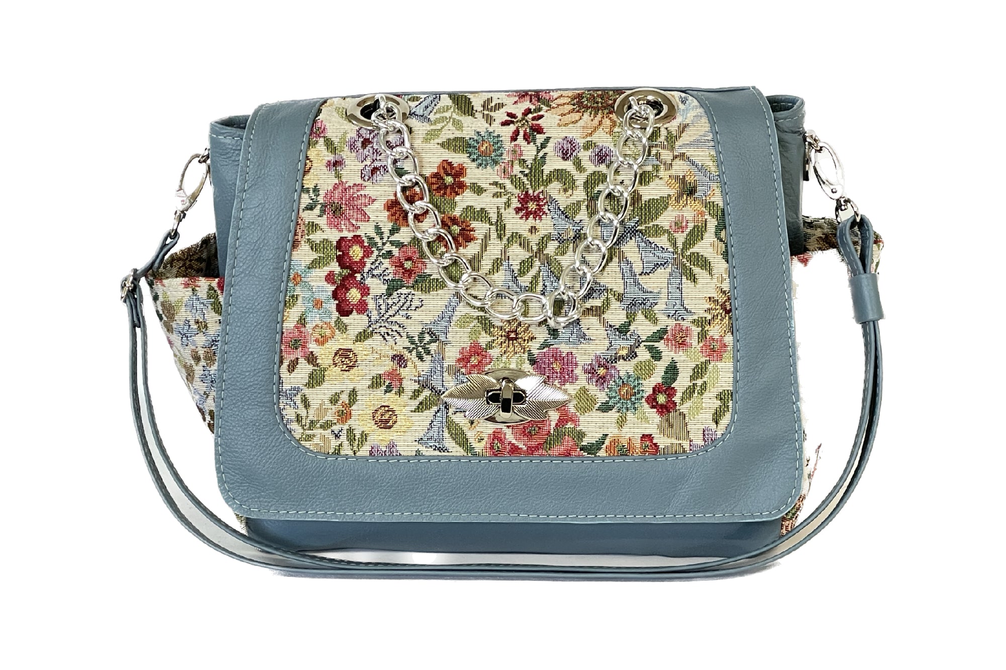 Blue Leather and Floral Tapestry Top Handle Flap Bag