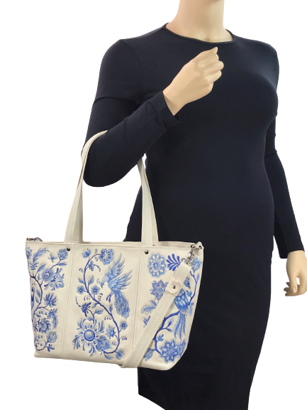 Blue Willow Embroidered Leather Tote model view