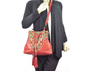 Boho Bucket Bag Red Leather and Tapestry Cross Body model