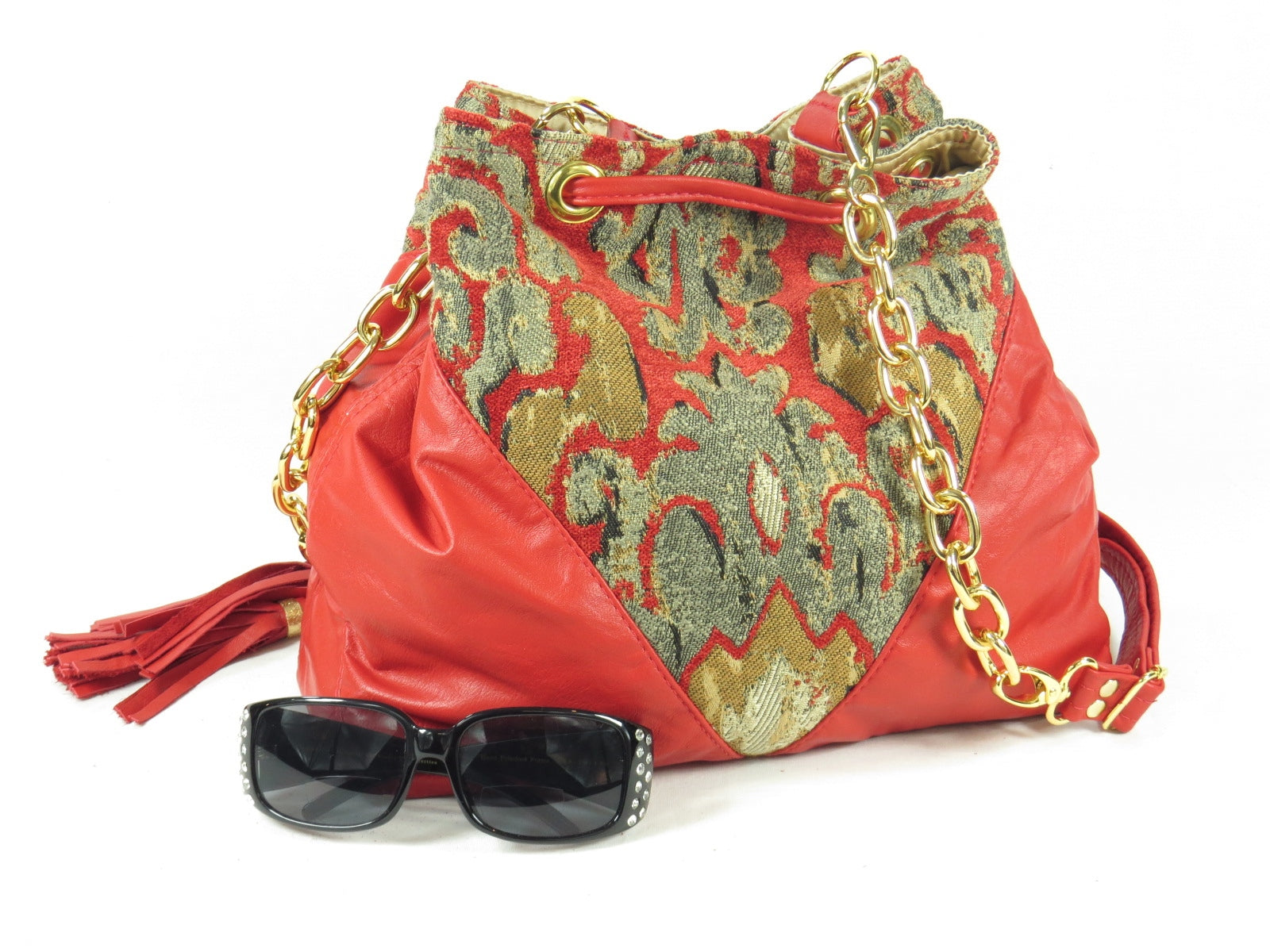 Boho Bucket Bag Red Leather and Tapestry Cross Body reverse side