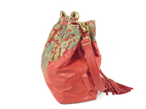 Boho Bucket Bag Red Leather and Tapestry Cross Body