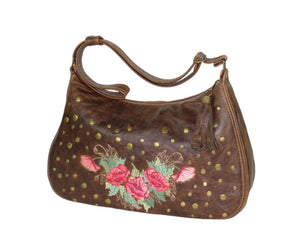 Brown Leather Embroidered Classic Hobo Bag