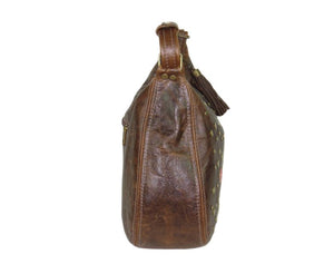 Brown Leather Embroidered Classic Hobo Bag side view