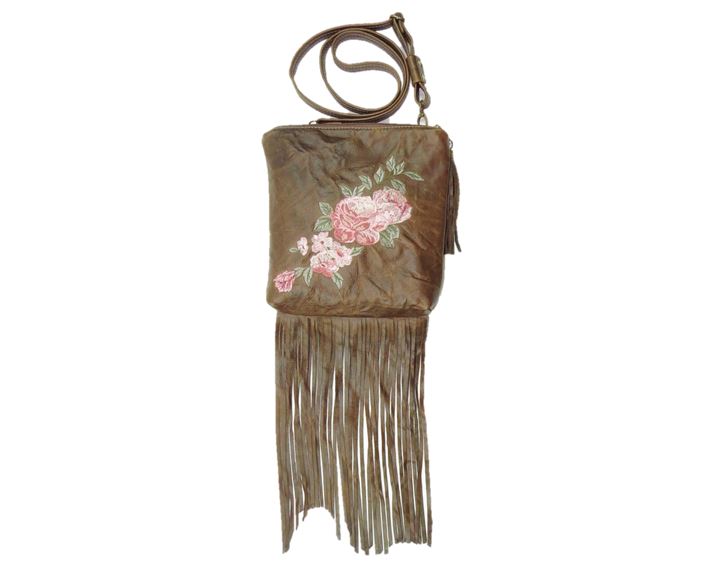 Brown Leather Fringe and Roses Cross Body Bag 2