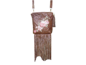 Brown Leather Fringe and Roses Cross Body Bag
