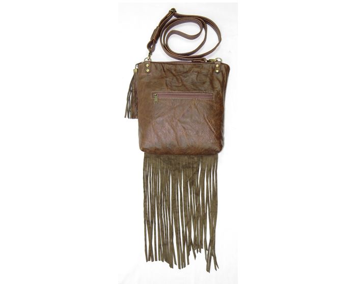 Brown Leather Fringe and Roses Cross Body Bag back view