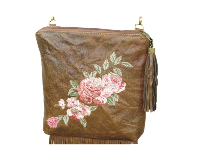 Brown Leather Fringe and Roses Cross Body Bag embroidery