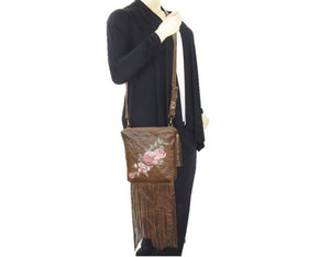 Brown Leather Fringe and Roses Cross Body Bag model