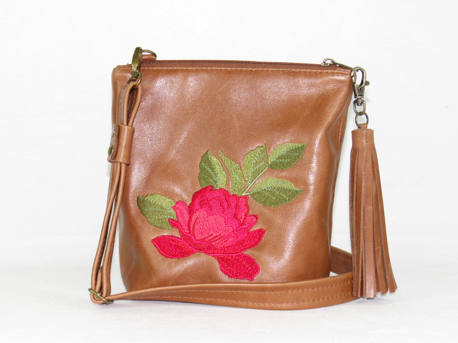 Brown Leather Red Rose Embroidered Crossbody