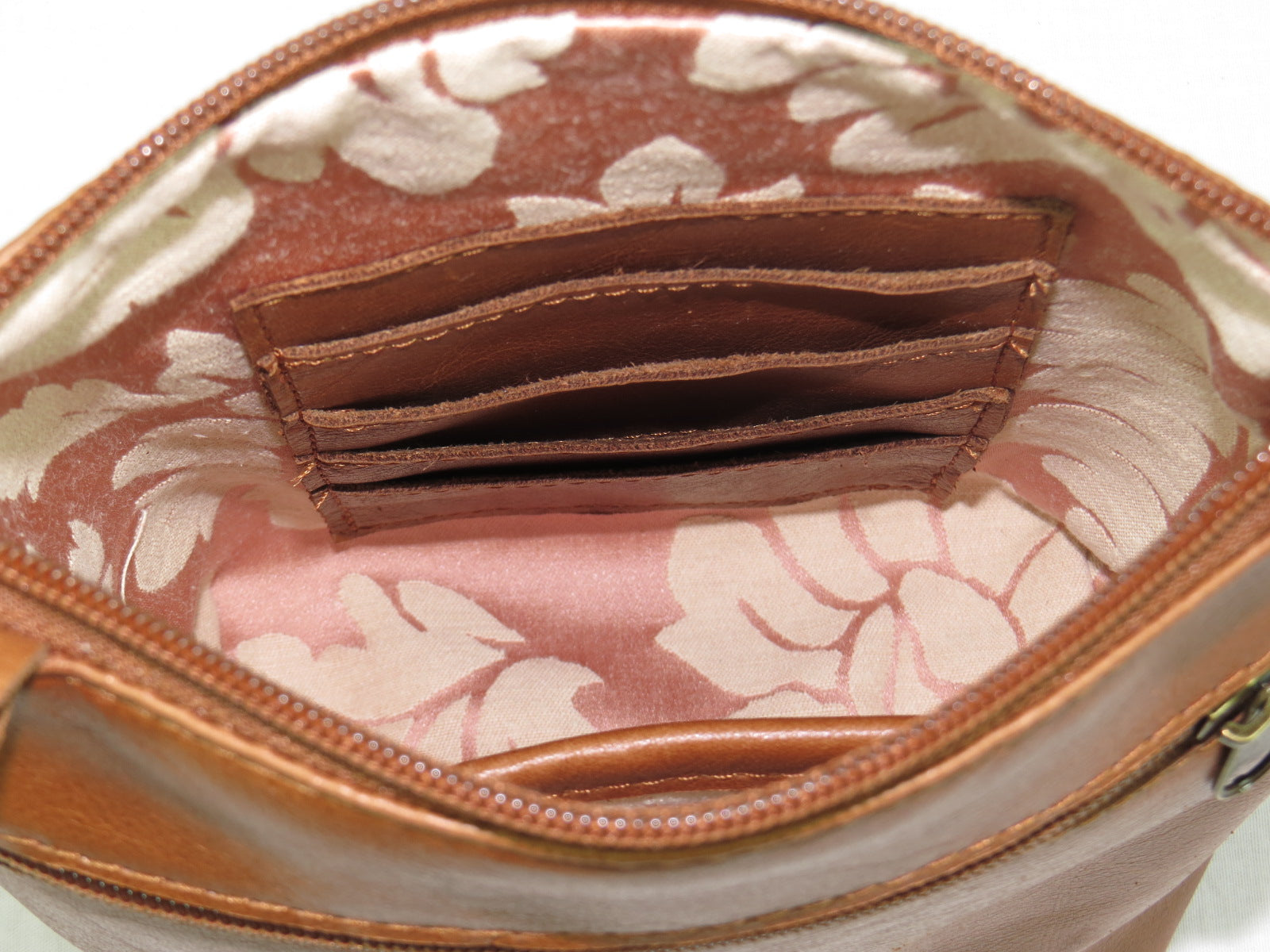 Brown Leather Red Rose Embroidered Crossbody card slots