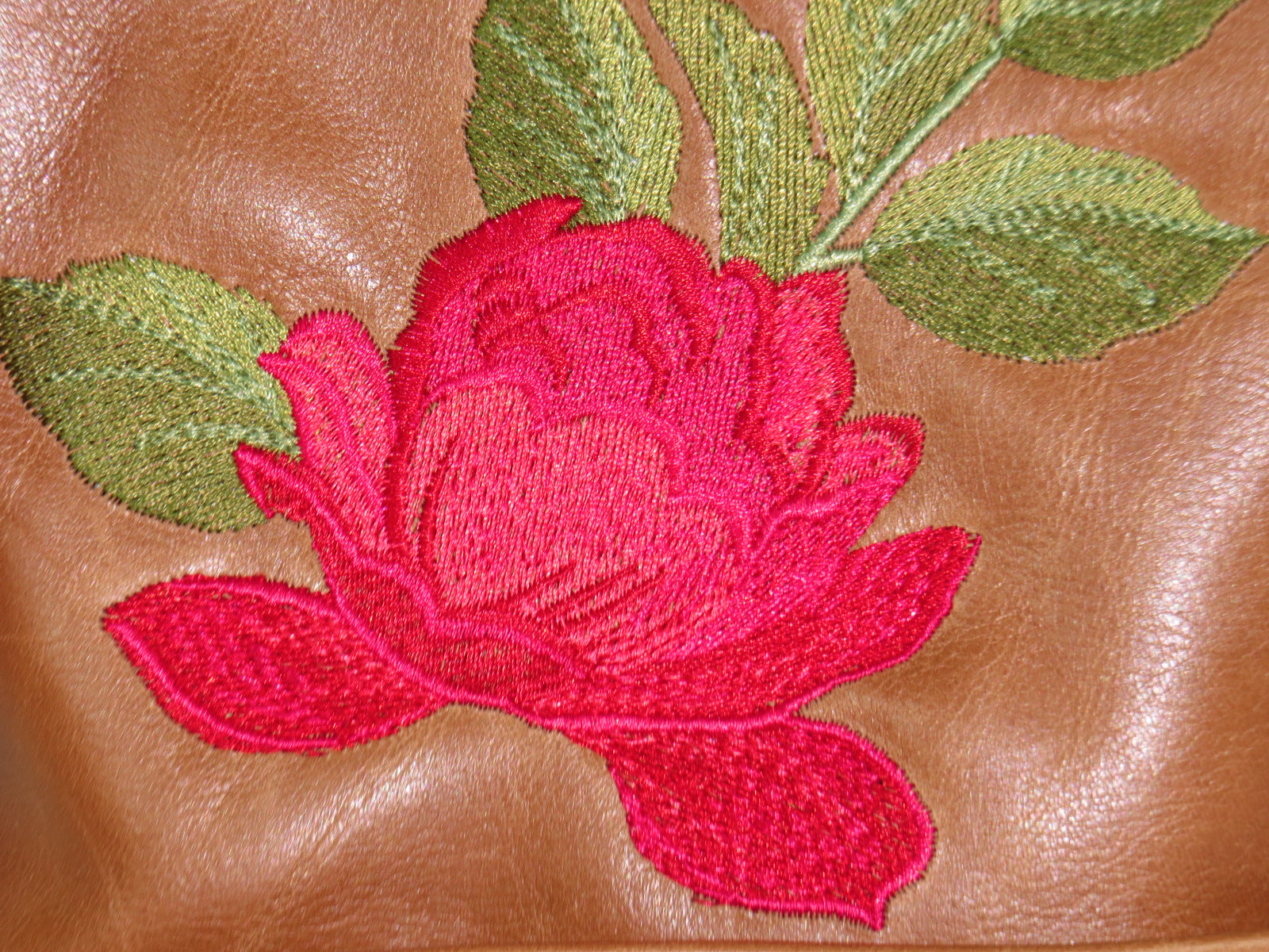 Brown Leather Red Rose Embroidered Crossbody embroidery close-up
