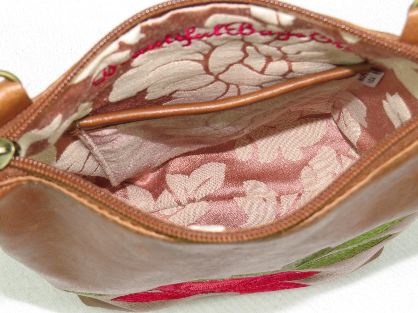 Brown Leather Red Rose Embroidered Crossbody interior pocket