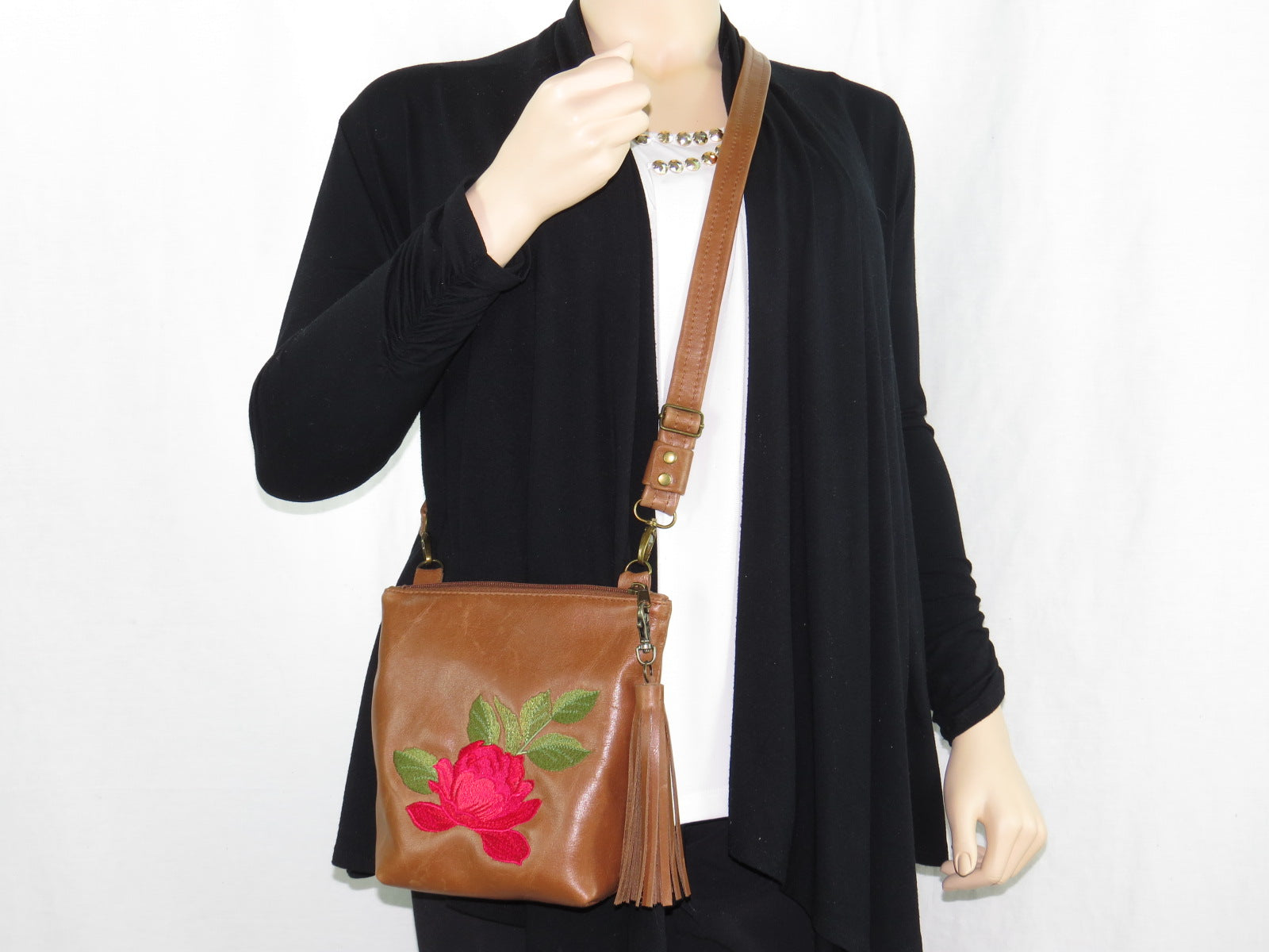 Brown Leather Red Rose Embroidered Crossbody model