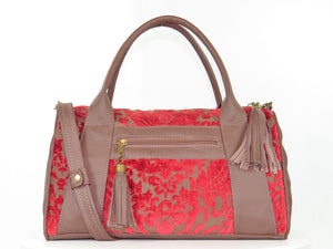 Brown Leather and Red Cut Velvet Satchel