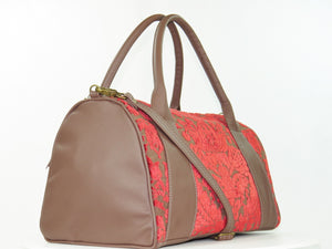 Brown Leather and Red Cut Velvet Satchel angle view