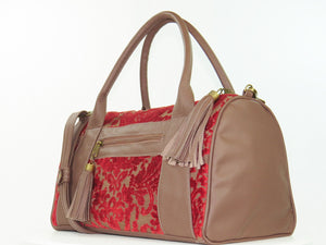 Brown Leather and Red Cut Velvet Satchel side view