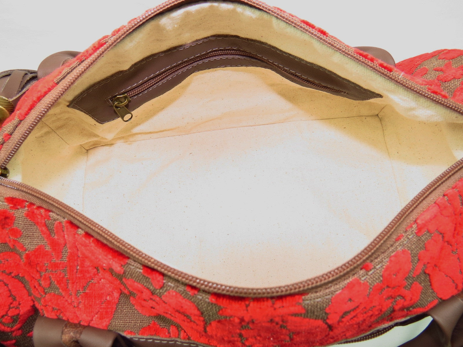 Brown Leather and Red Cut Velvet Satchel interior zipper pocket