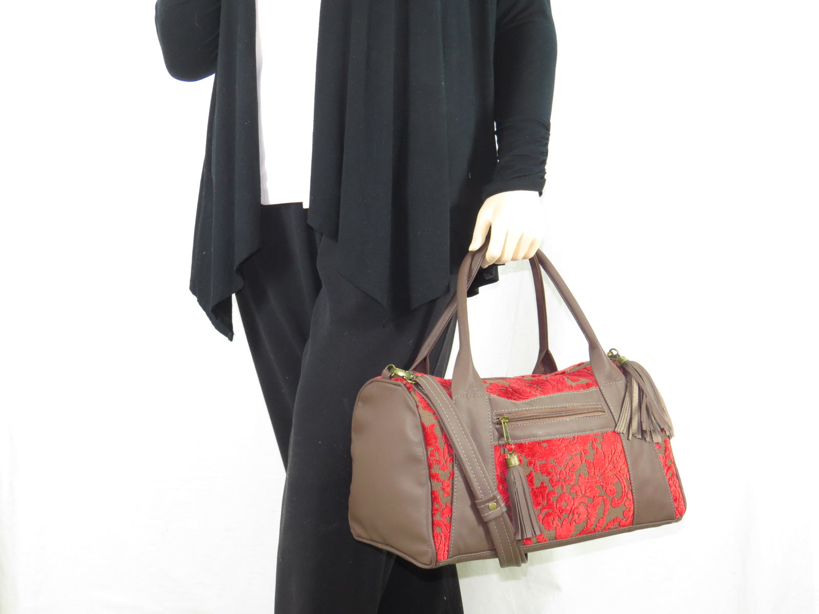 Brown Leather and Red Cut Velvet Satchel model view
