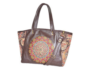 Brown Leather and Tapestry Mandala Zipper Tote