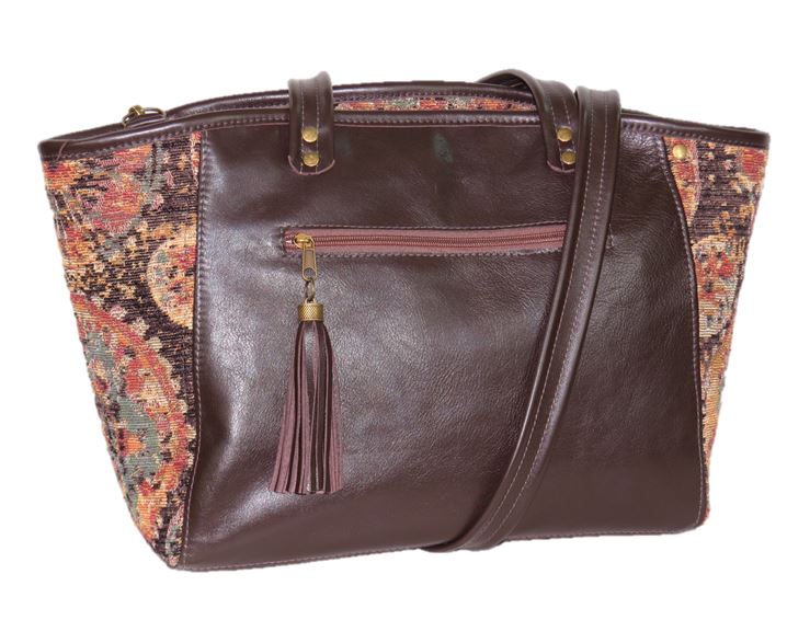 Brown Leather and Tapestry Mandala Zipper Tote exterior zipper pocket