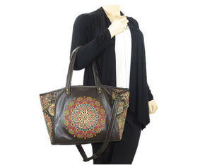 Brown Leather and Tapestry Mandala Zipper Tote model