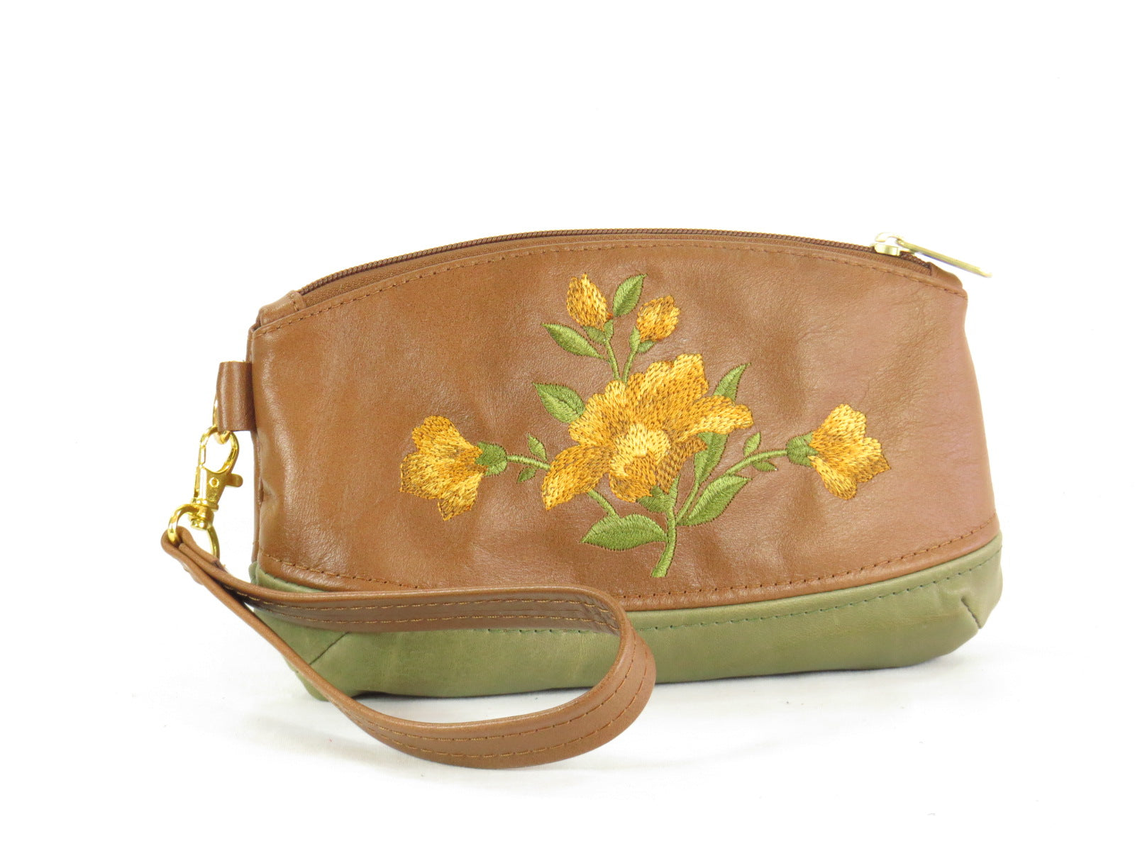 Brown and Green Leather Wristlet