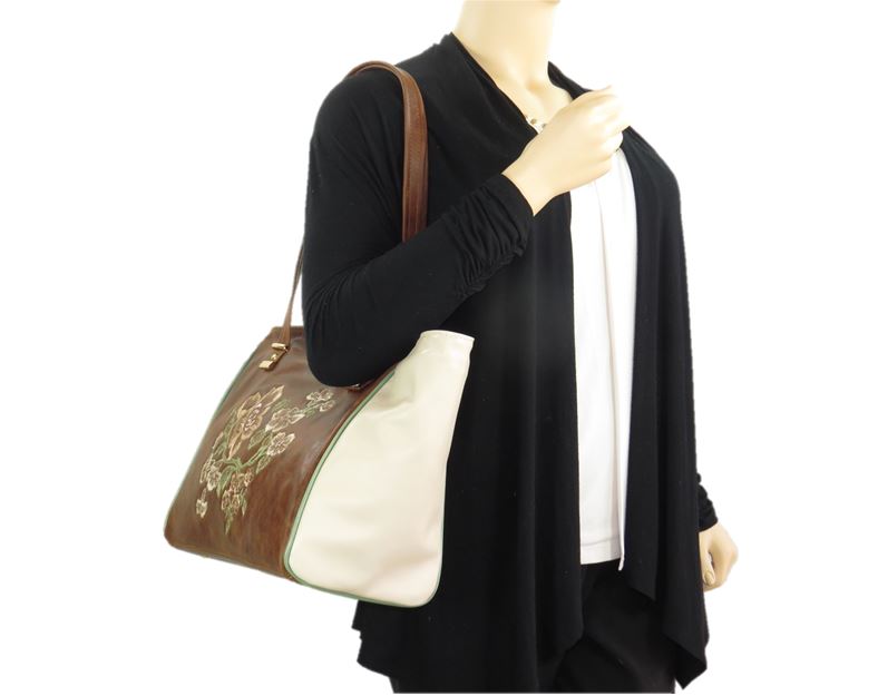 Brown and Ivory Leather Tote model view